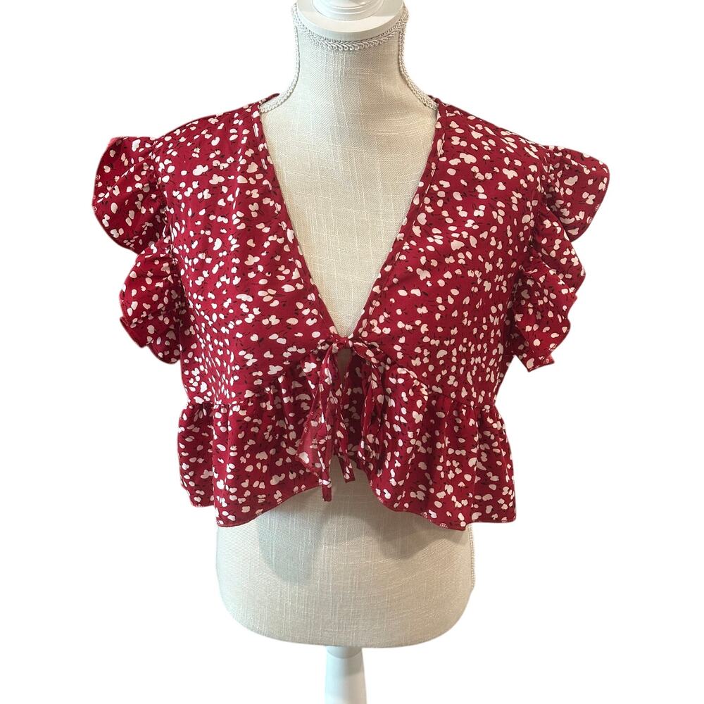 SHEIN Ditsy Floral Tie Front Ruffle Hem Top Size XL
